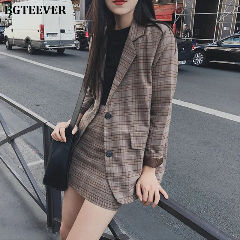 2019 Retro Plaid Blazer Sets Single-breasted Jacket & Pencil Skirt Vintage 2 Pieces Skirt Suits Female Office Ladies Blazer Suit
