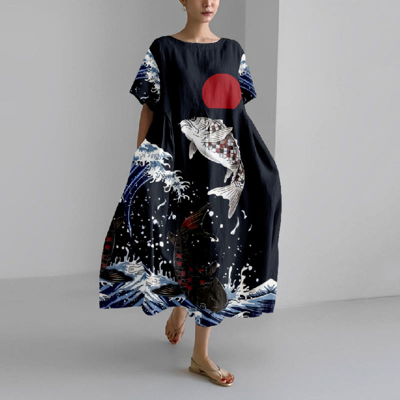 Women's Japanese Art Fish Leaping Over The Wave Print Casual Midi Dress