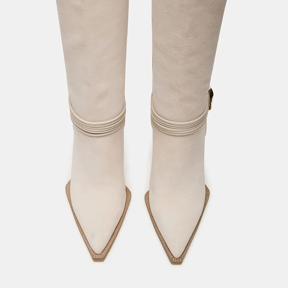 Ivory Pointed Toe Patchwork Knee High Heel Cowgirl Boots with Ring