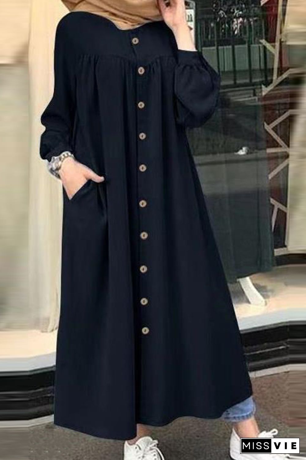 Casual Solid Buckle Mandarin Collar Shirt Dress Dresses(5 colors)