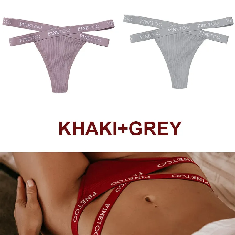FINETOO 2PCS/Set Women's Cotton G-string Sexy Cross Strap Panties Letter Waisted Underwear Thongs Femme Hollow Out Lady Briefs