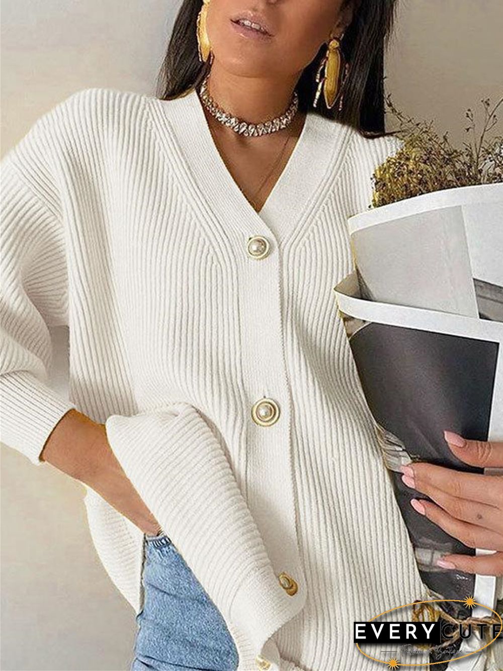 Solid Color V-neck Casual Loose Knit Breasted Cardigan Sweater