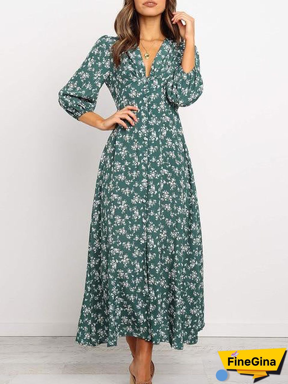 V Neck Long Dress Floral Print Lantern Sleeve A-Line Maxi Dress