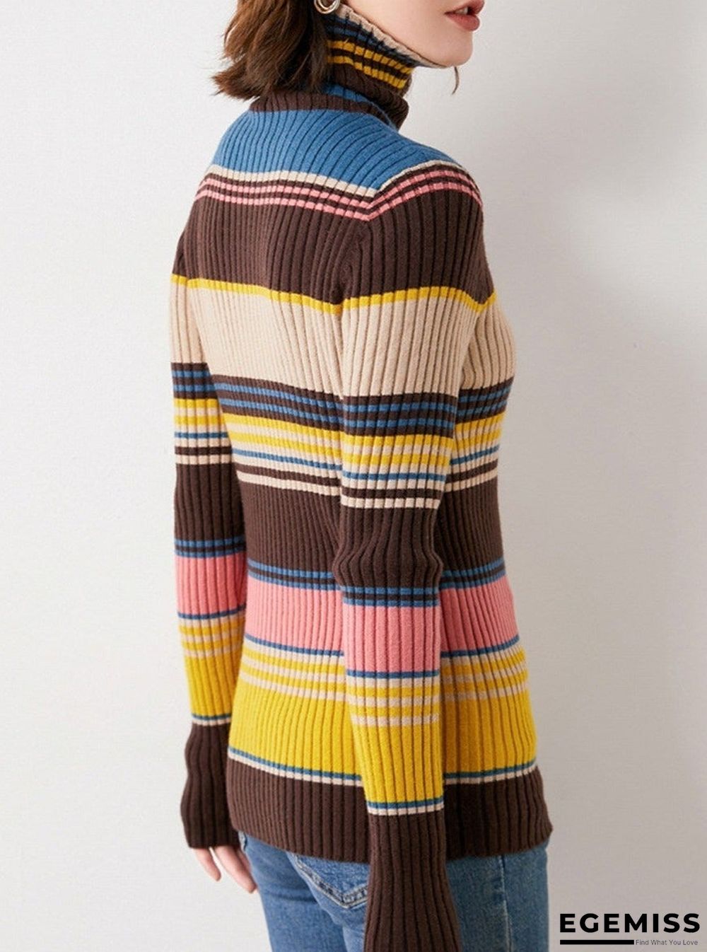 Fall/Winter Turtleneck Color Striped Slim-fit Knit Sweater | EGEMISS