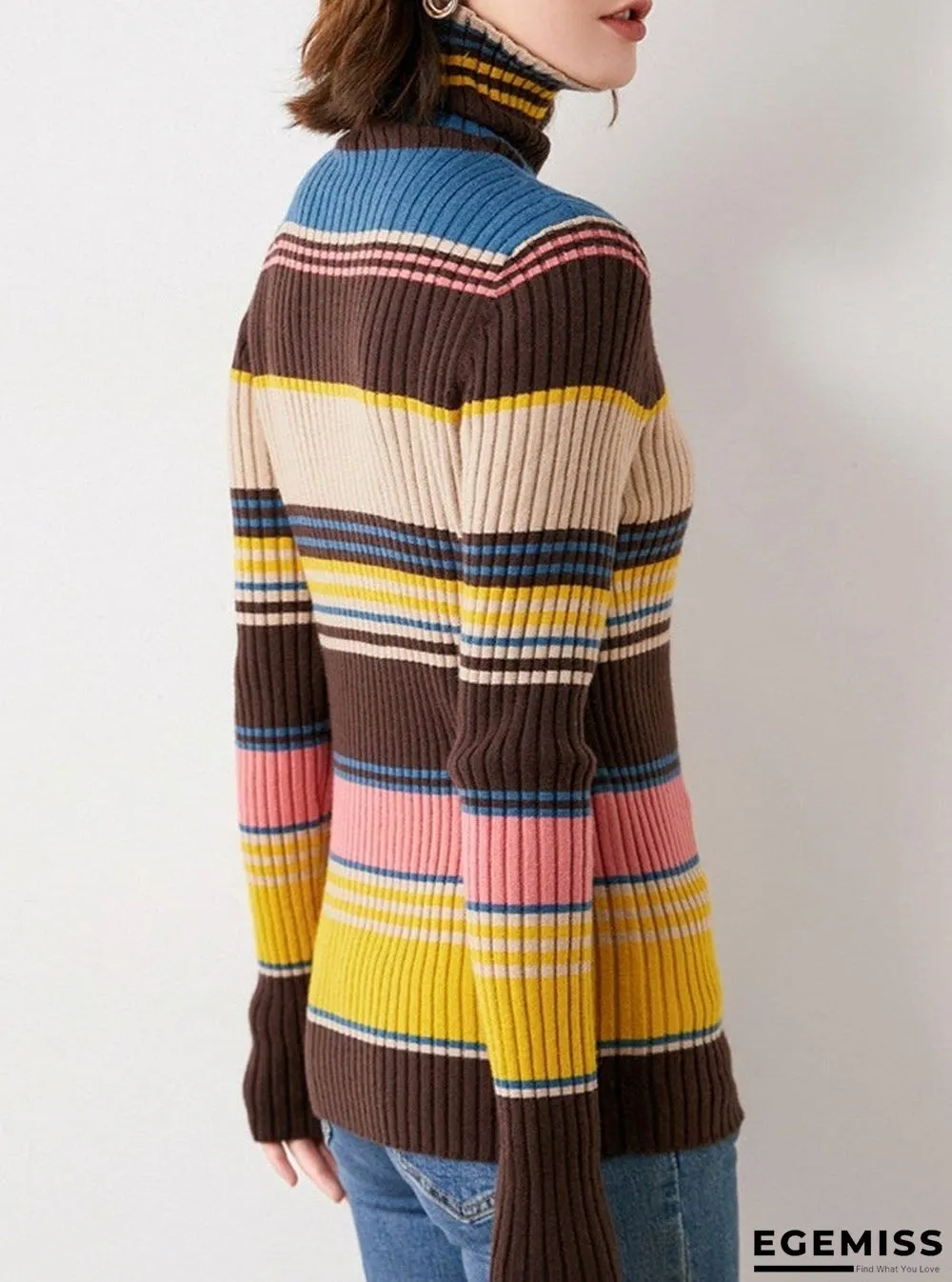 Fall/Winter Turtleneck Color Striped Slim-fit Knit Sweater | EGEMISS