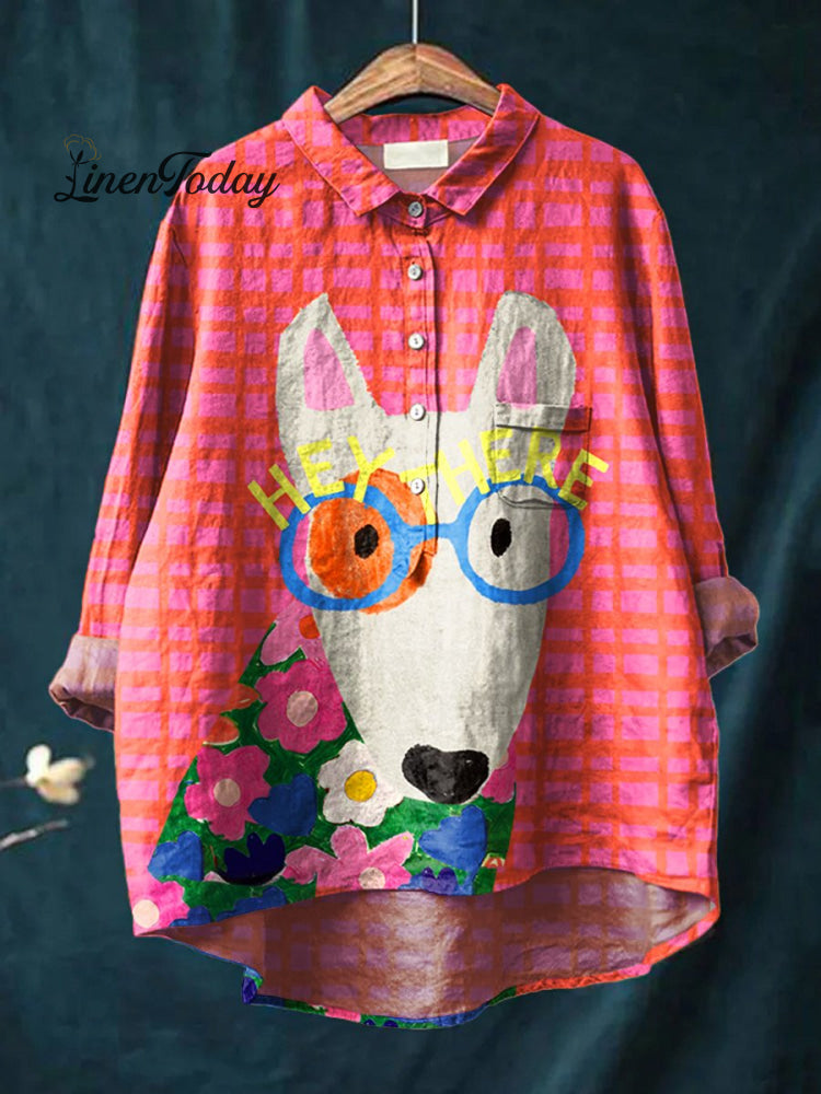 Women&rsquo;s Dog Art Print Casual Cotton And Linen Shirt Multicolor / S