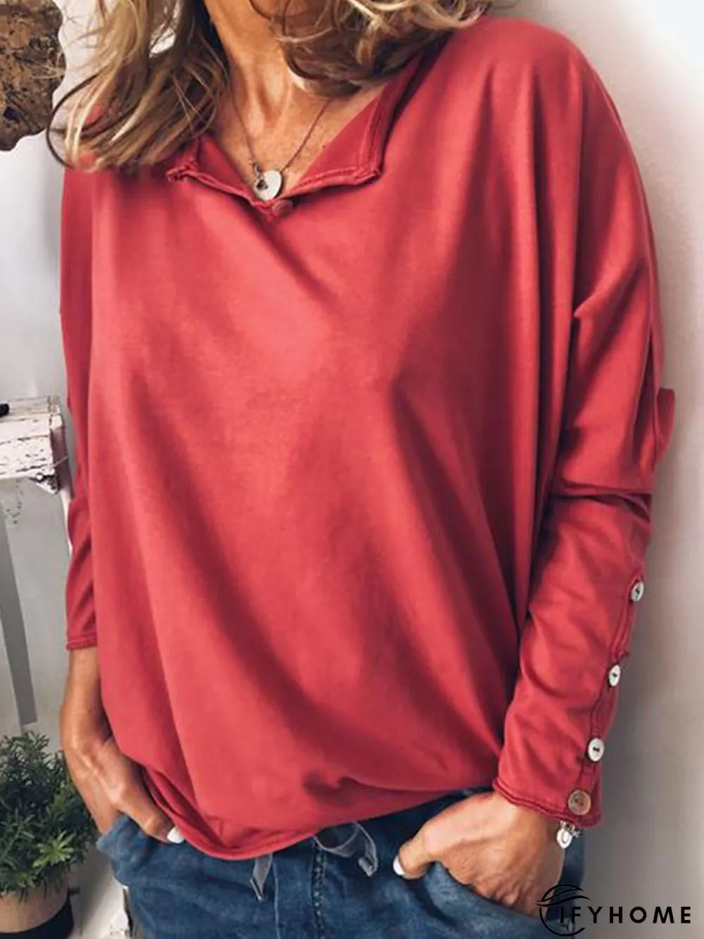 Casual Cotton V Neck Long Sleeve T-Shirt | IFYHOME