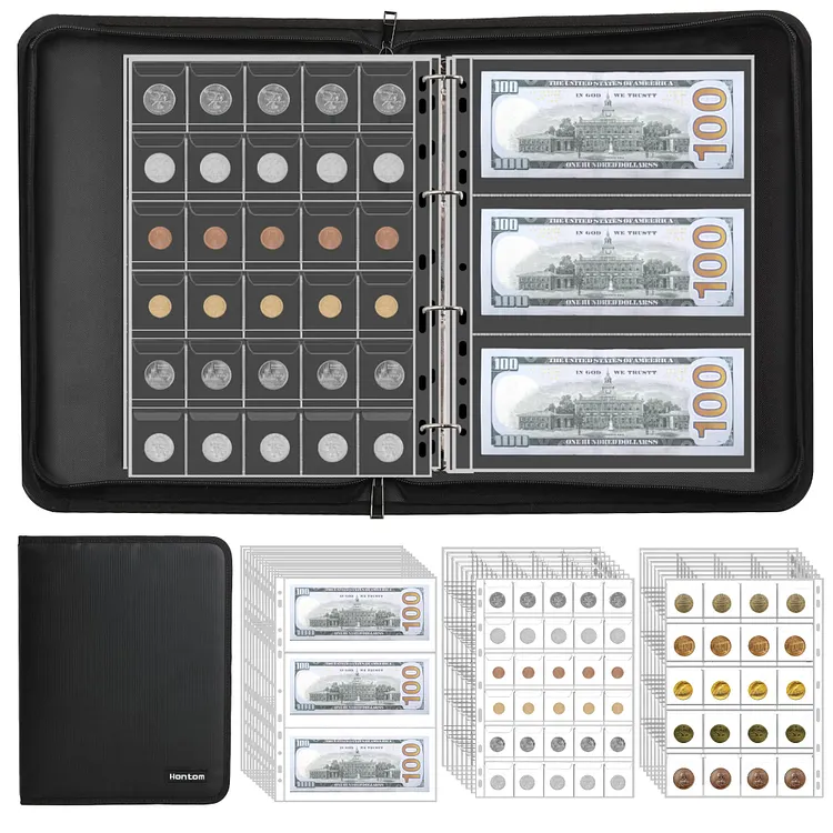 400 Pockets  Coin Collection Album Holder for Collectors, Fireproof Coin Collection Book & 36 Paper Money Organizer Binder