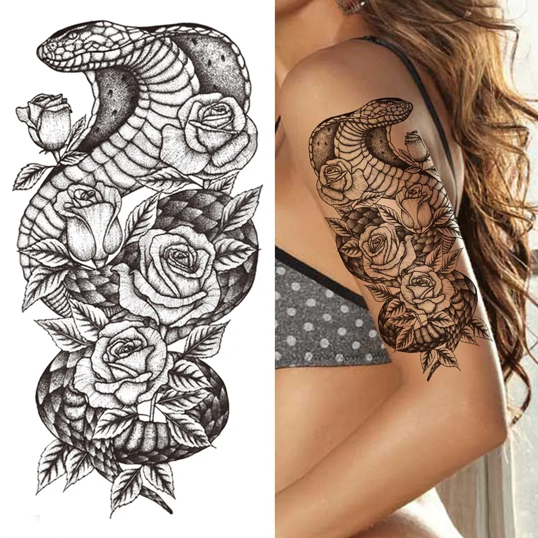3D Snake Rose Temporary Tattoos For Women Girls Fake Flower Tattoo Sticker Black Death Eaters Dark Mark Mamba Snake Peony Tatoos 515-1