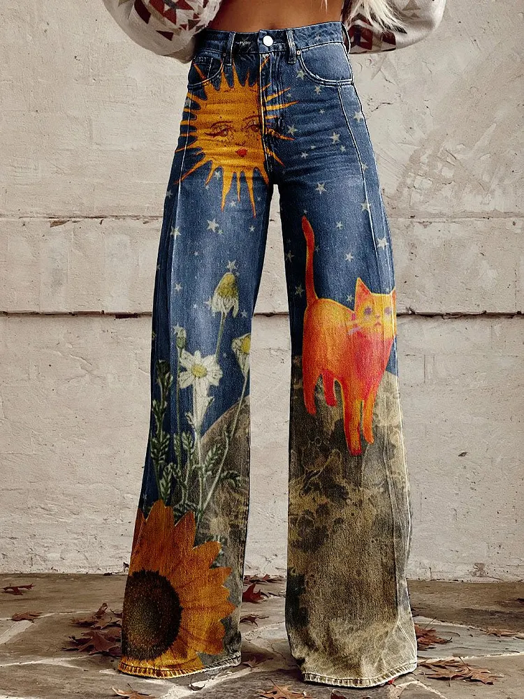 Women's Vintage Flowers Cat Butterflies Print Casual Wide Leg Pants