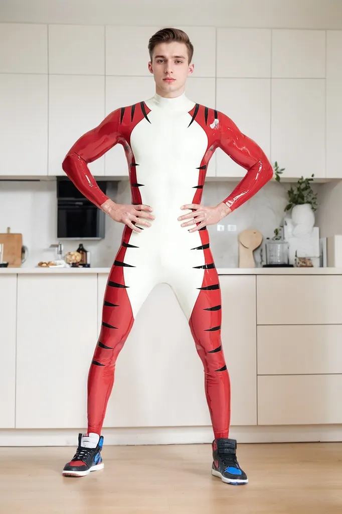 Men Latex Catsuits Tigris Red Tiger Print