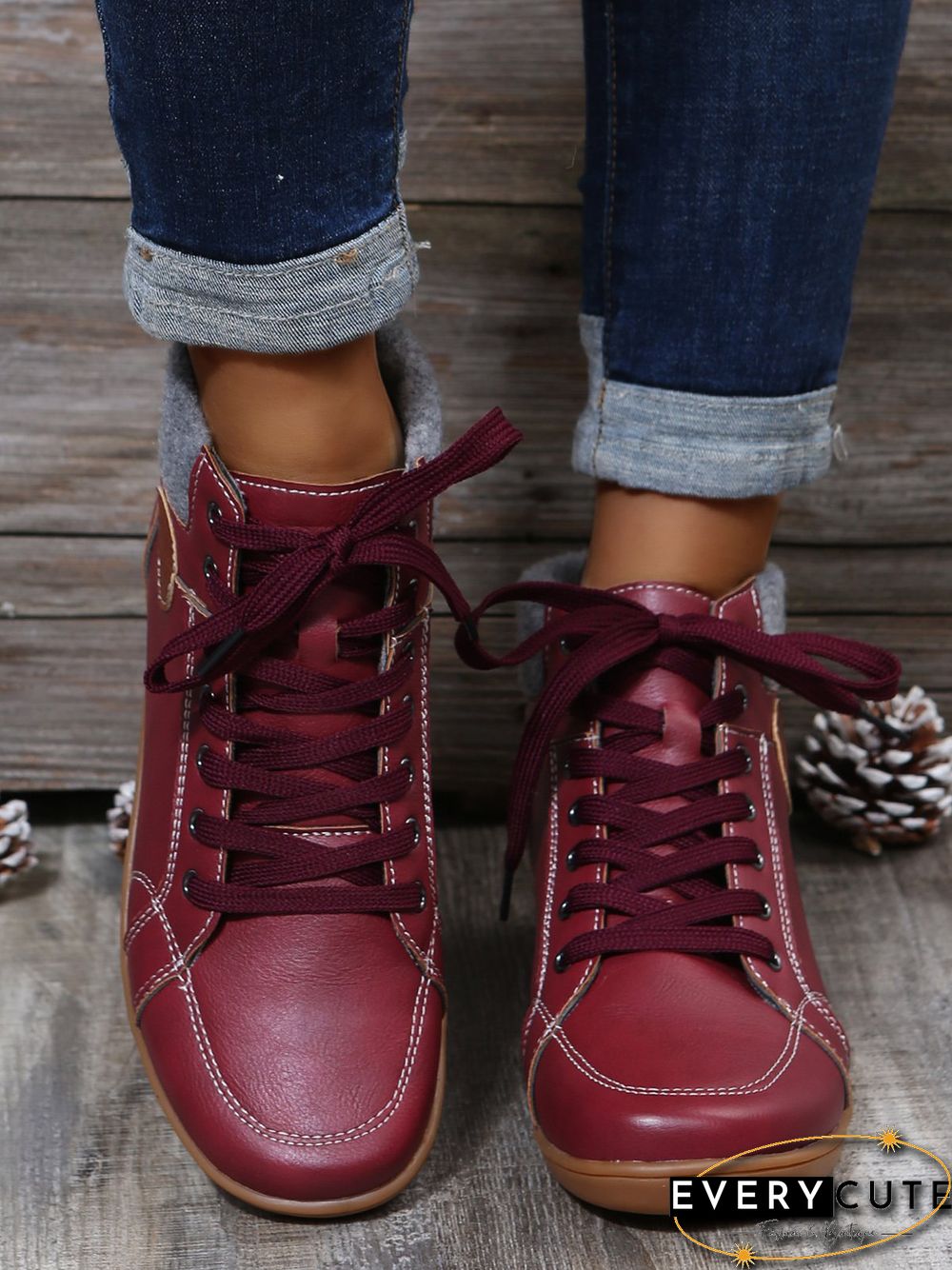 PU Leather Suede Panel Casual Short Boots