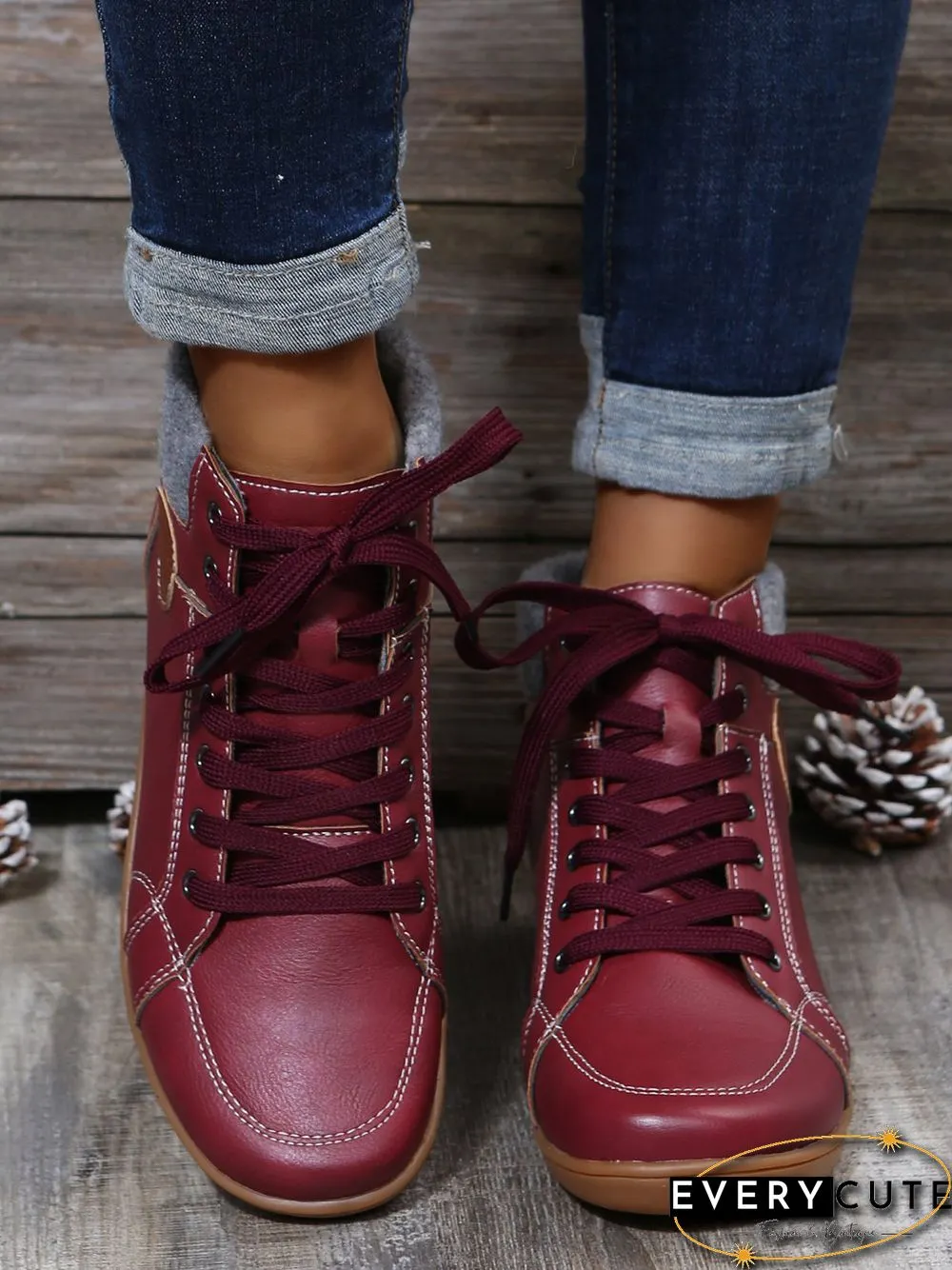PU Leather Suede Panel Casual Short Boots