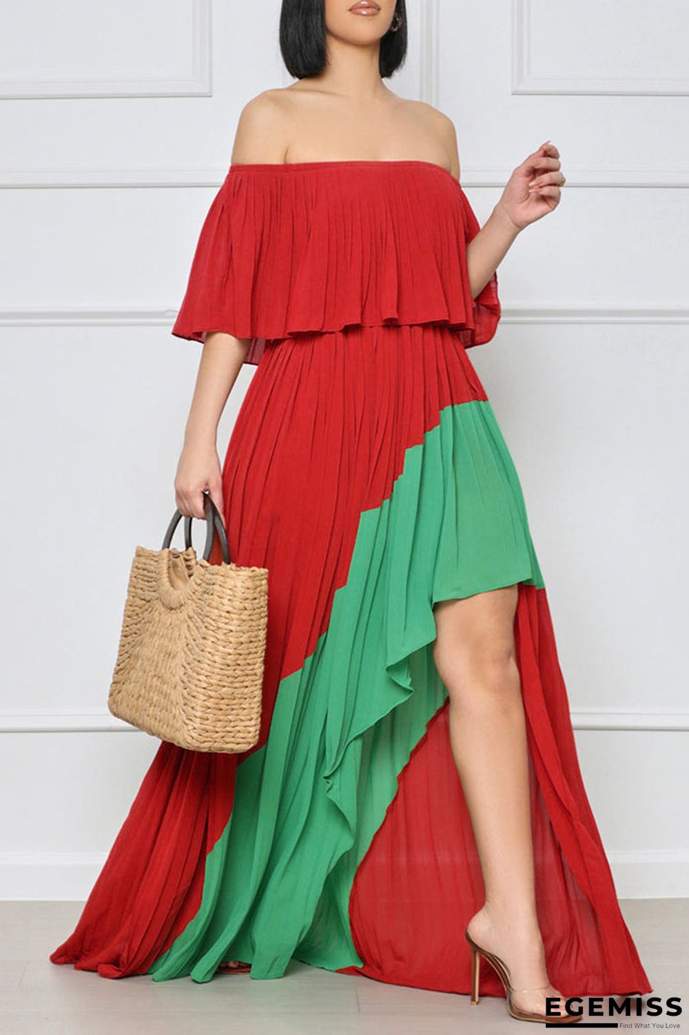 Red Green Casual Solid Patchwork Asymmetrical Off the Shoulder Long Dress Dresses | EGEMISS