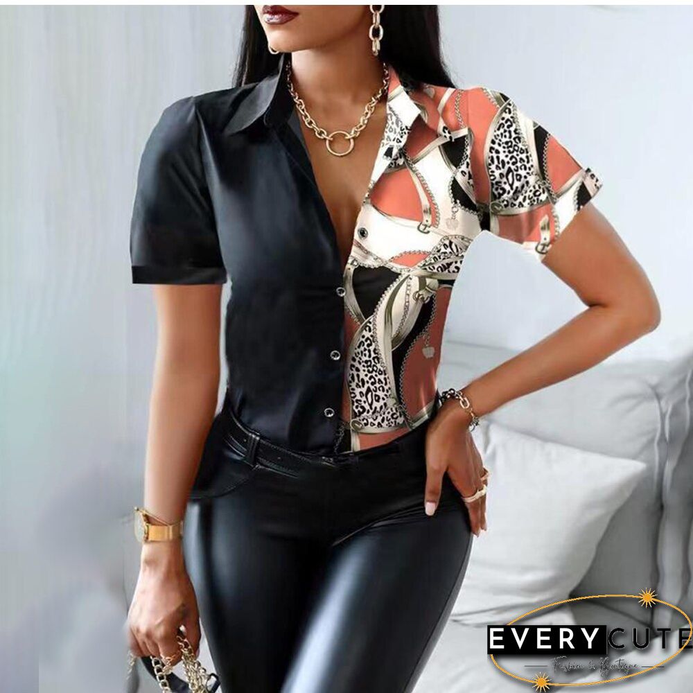 Summer Women Black Floral Print Top Shirt Fashion Casual Short Sleeve Turn-down Collar Tops Shirts New Elegant Slim Button Shirt