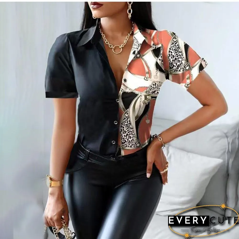 Summer Women Black Floral Print Top Shirt Fashion Casual Short Sleeve Turn-down Collar Tops Shirts New Elegant Slim Button Shirt