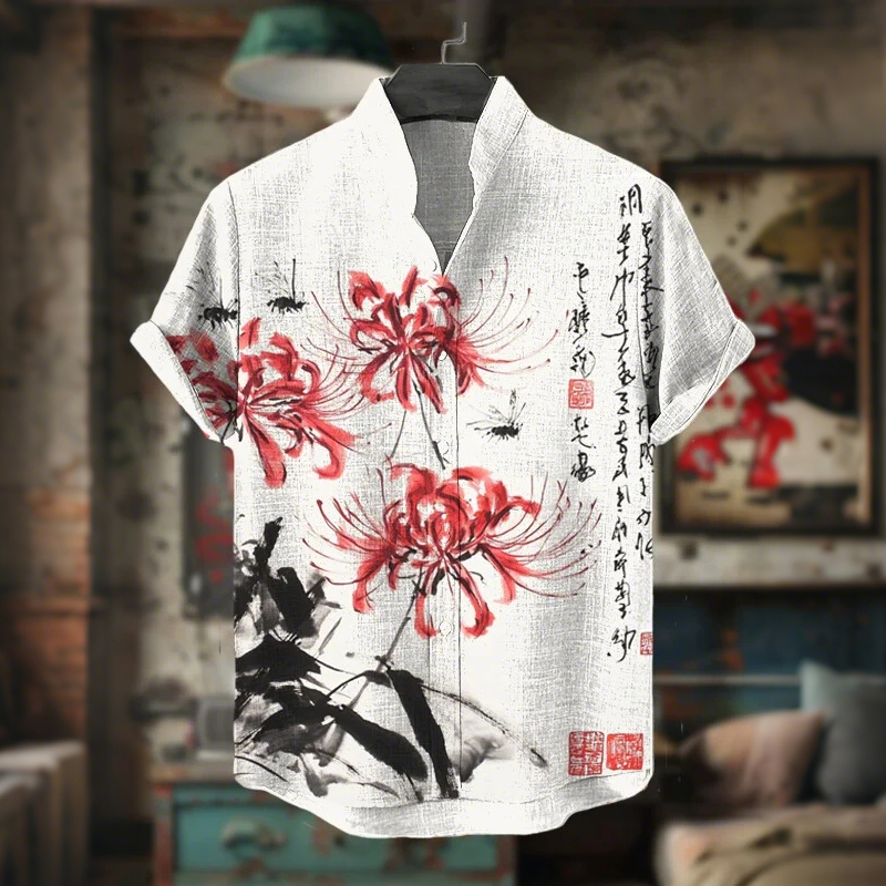 Men's Red Spider Lily Calligraphy Ink Painting Art Print Casual Shirt  artssus
