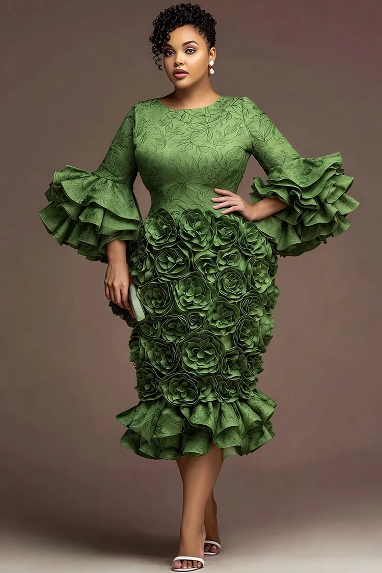 Xpluswear Design Plus Size Formal Green Round Neck Flare 3/4 Sleeve 3D Ruffle Satin Midi Dresses 2024 - Xpluswear