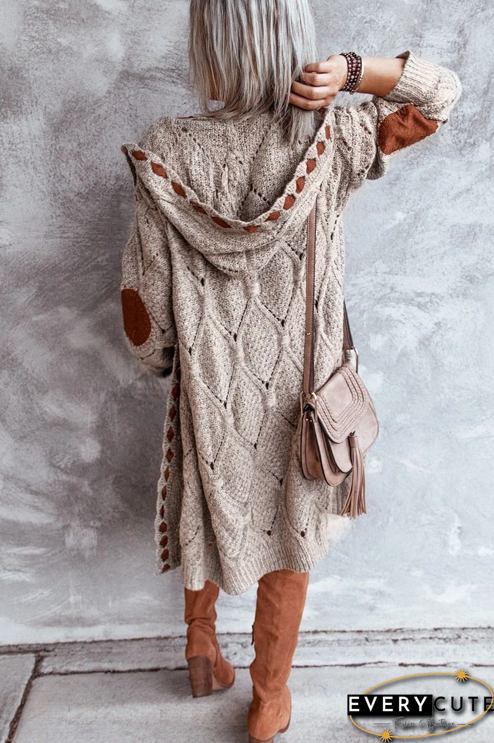 Open Front Knitted Knee Length Hooded Sweater Cardigan