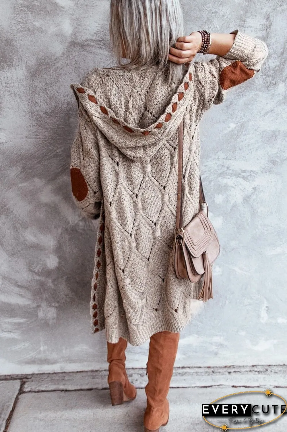 Open Front Knitted Knee Length Hooded Sweater Cardigan