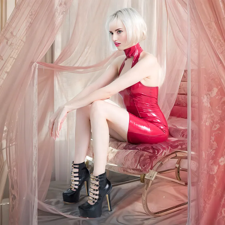 Women Latex Dress Sea Red Deep V hollow mini