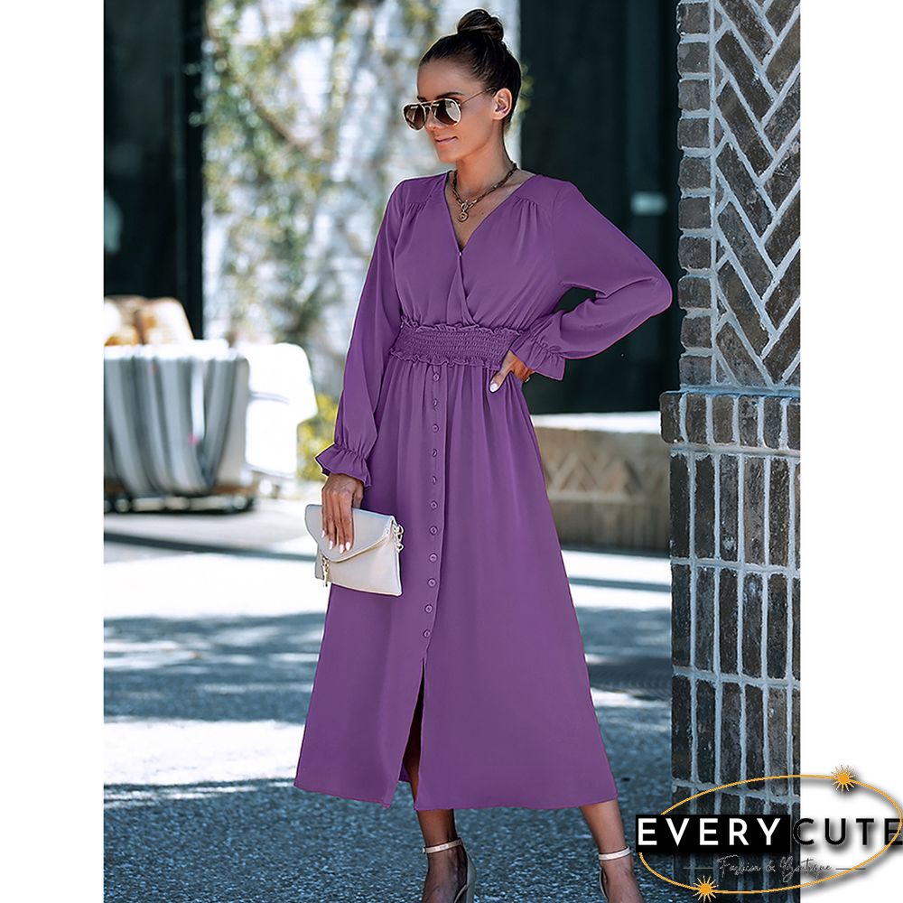 Purple Solid Smocked Waist Swing Maxi Dress