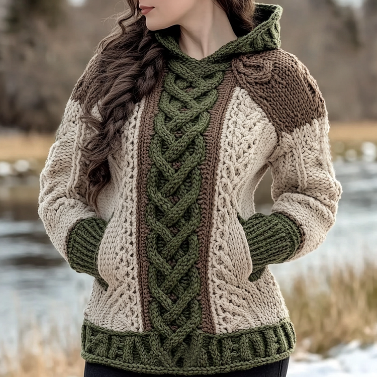 Women's Irish Celtic Knotted Jacquard Pocket Ireland's Hooded Sweater