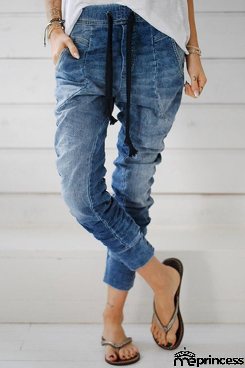 Dark Blue Drawstring Elastic Waist Jogger Jeans