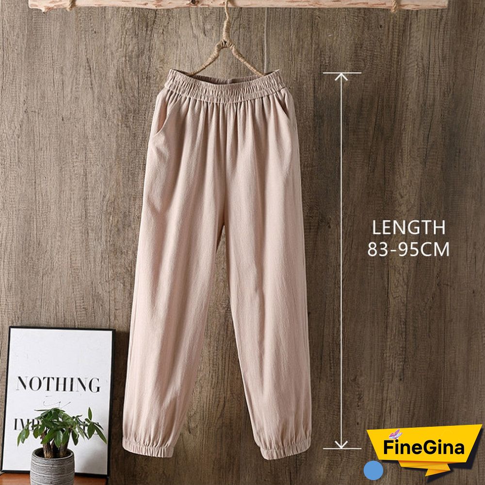 Casual Style Cotton Linen Pants Women Spring Summer New Elastic Waist Solid Basic Retro Loose Women's Harem Pants Trousers