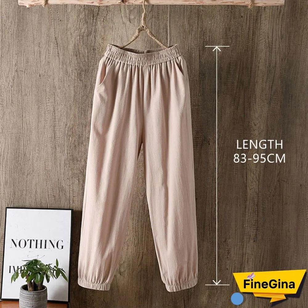 Casual Style Cotton Linen Pants Women Spring Summer New Elastic Waist Solid Basic Retro Loose Women's Harem Pants Trousers