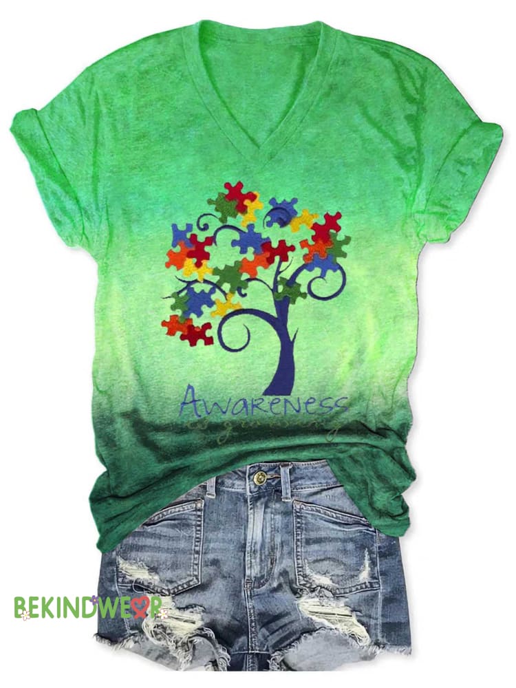 Women&rsquo;s Autism Awareness V-neck Casual T-Shirt Green / S