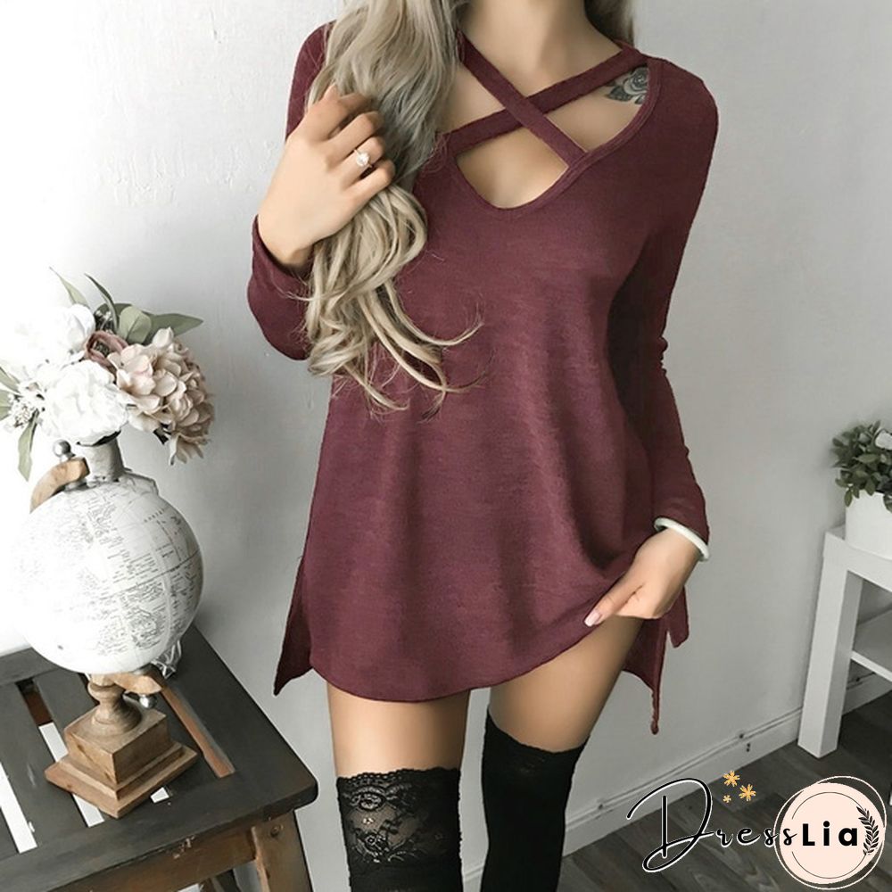 Women Spring Summer Fashion Long Sleeve Tops Black Casual Knitted Sweater Dresses Ladies Fashion Loose Mini Dress Pure Color Cotton Shirt Sexy Deep V-Neck Slim Fit Waist Bodycon Club Wear Knit Slit Party Robe Chic FemmeT-shirt