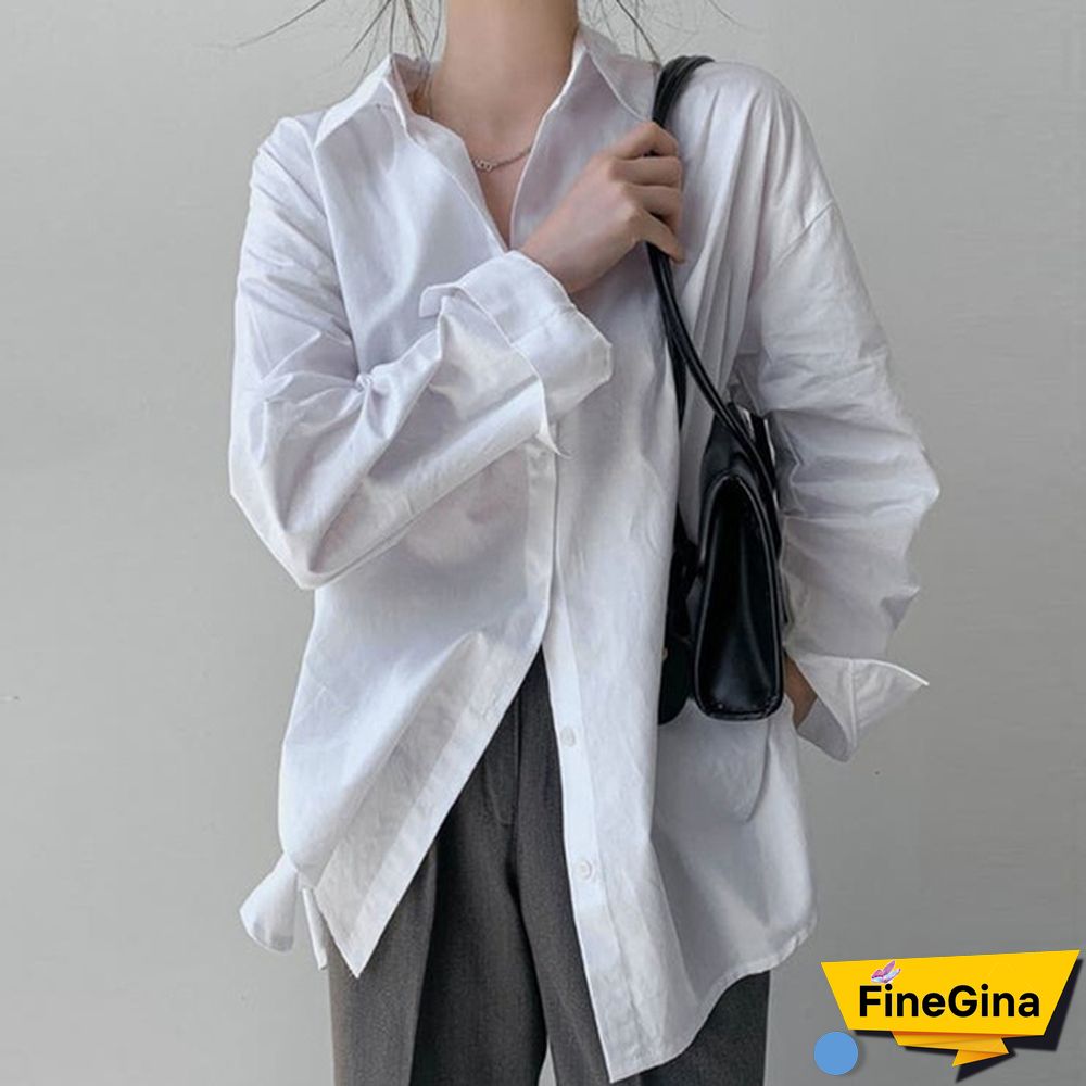 Women Drop Shoulder Long Sleeve Shirt Side Slit Oversized Shirt Casual Blouse