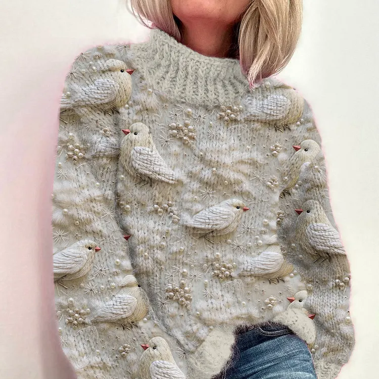 Christmas Winter Bird Embroidery Knitted Turtleneck Sweater