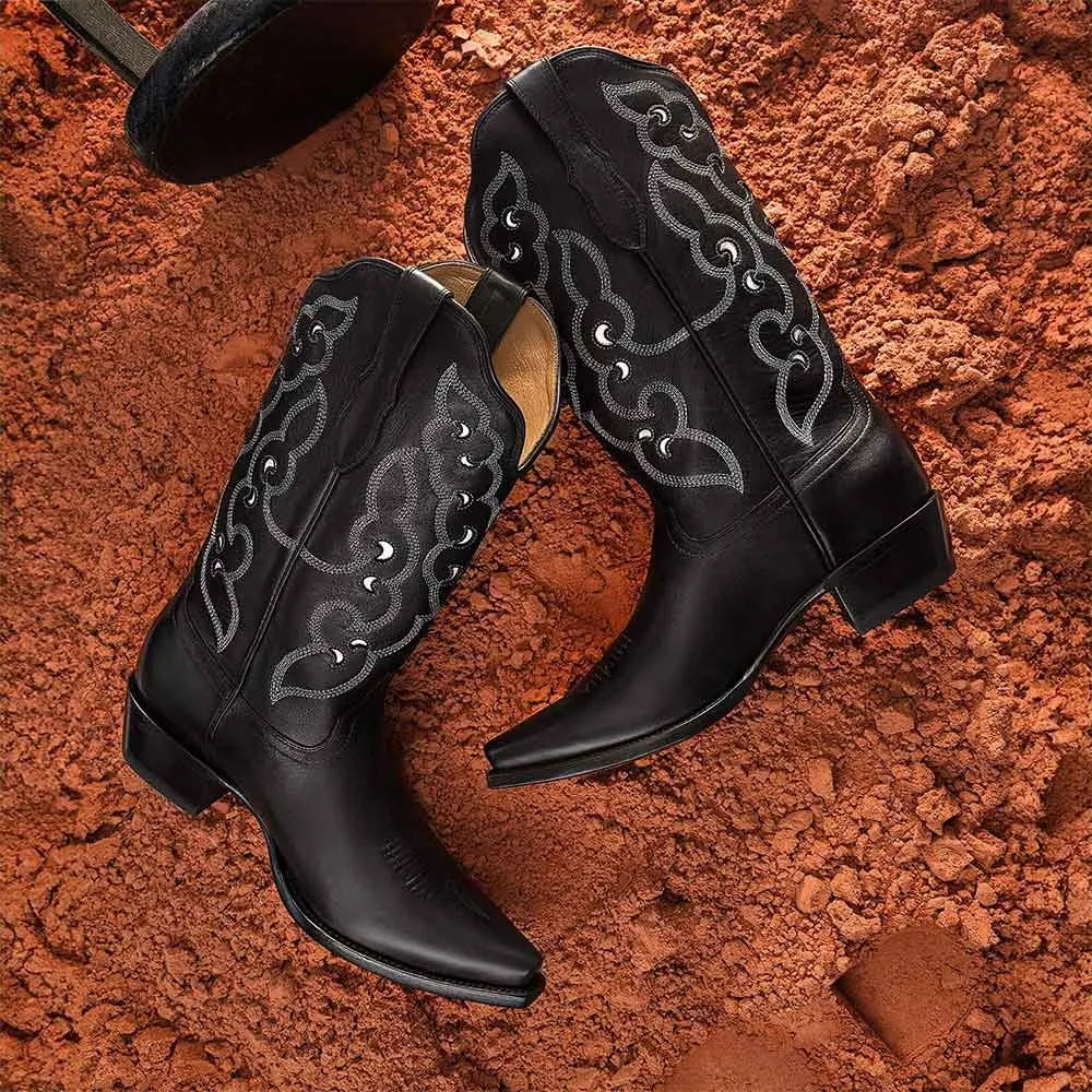 Black Snip Toe Chunky Heel Cut Out Embroidered Cowboy Boots for Women