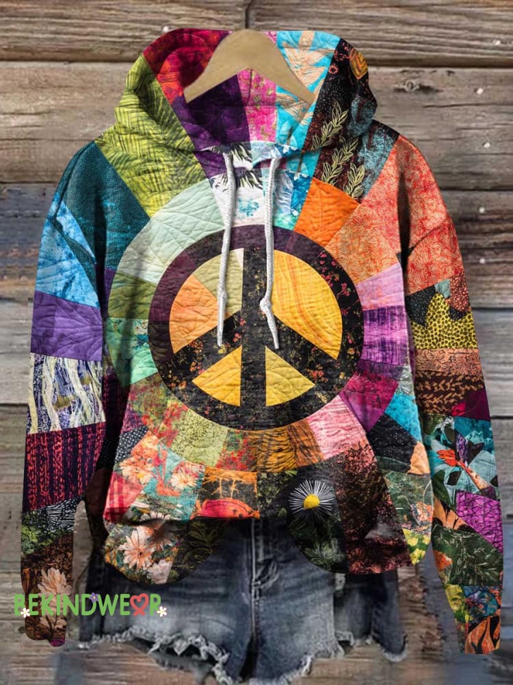 Retro Hippie Flower Peace Sign Love and Peace Casual Hoodie Sweatshirt Multicolor / S