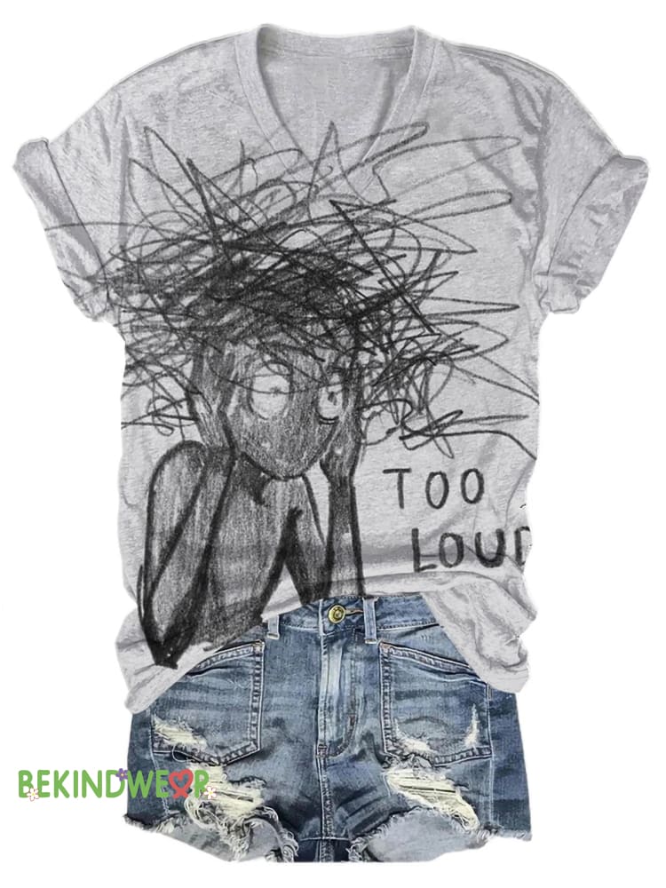 Anxiety Little Man Hand Painted Mental Health Matters Print Casual V-Neck Short Sleeve T-Shirt Multicolor / S
