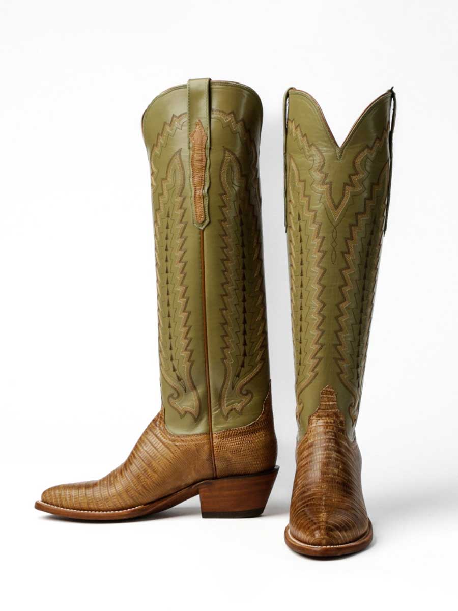 Sage & Tan Embroidered Croc-Embossed Knee High Women's Boots  
