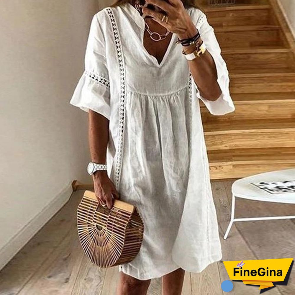 Women Sexy Hollow Out V-neck Mini Dress Floral Print Patchwork Dress Casual Beach Dress