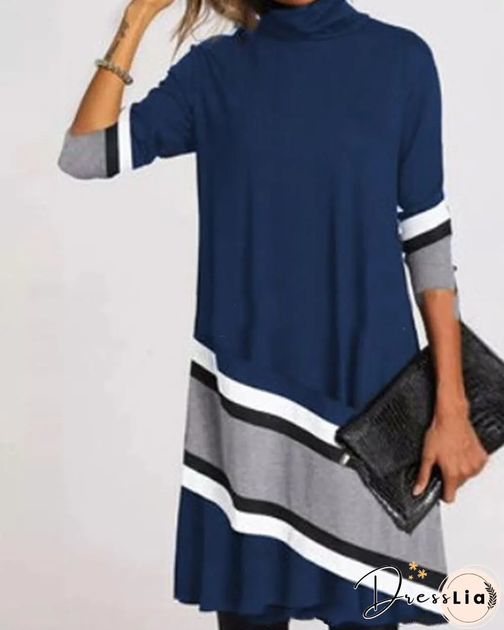 Casual Plus Size Color Block/Floral Tunic High Neckline Shift Dress
