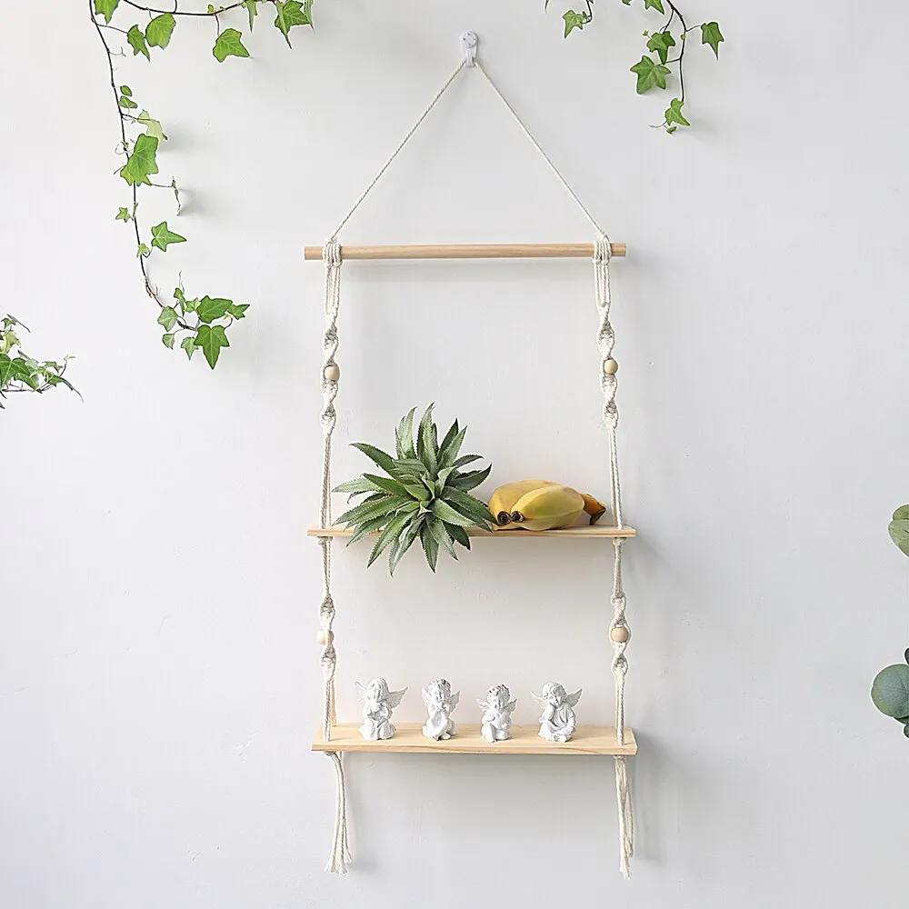 Double Layer Macrame Hanging Shelves Floating Shelf For Plants Boho Home Decor Wood Wall Shelves for Bedroom, Living Room
