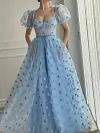 Light Baby Blue Sparkling Prom Dress Short Puff Sleeve Sweetheart Tulle A Line Sheer Bodice Corset Ball Gown Whimsical Love Heart Print