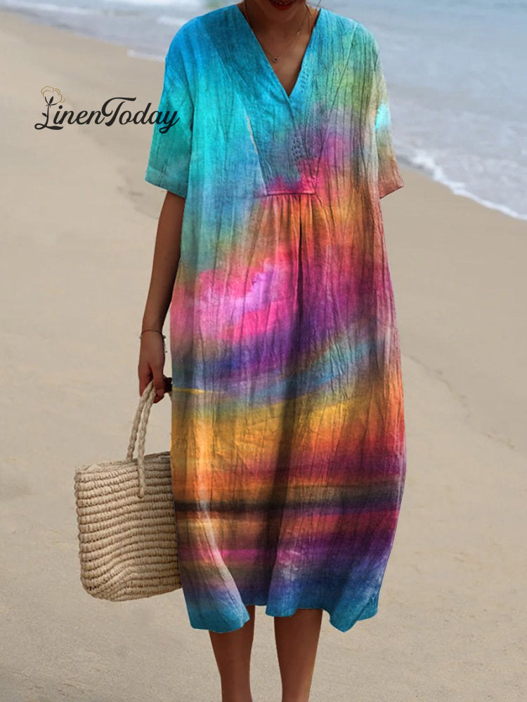 Oil Painting Sunset Scenery Art Printed Women&rsquo;s Flowy Dress Multicolor / S