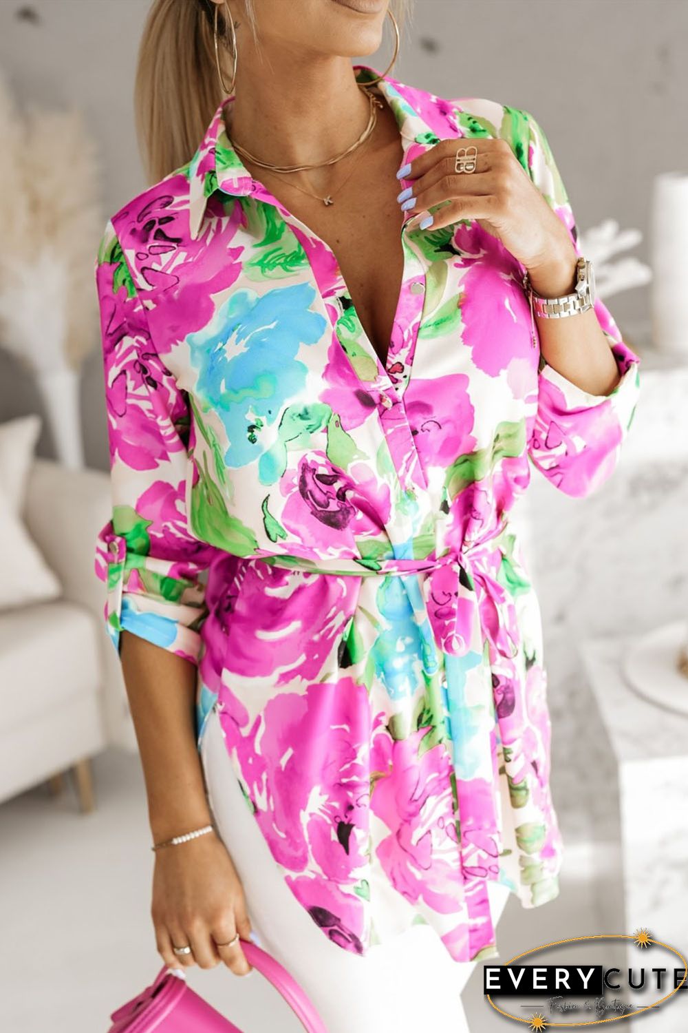 Purple Floral Print Lace-up Roll Tab Sleeve Tunic Shirt