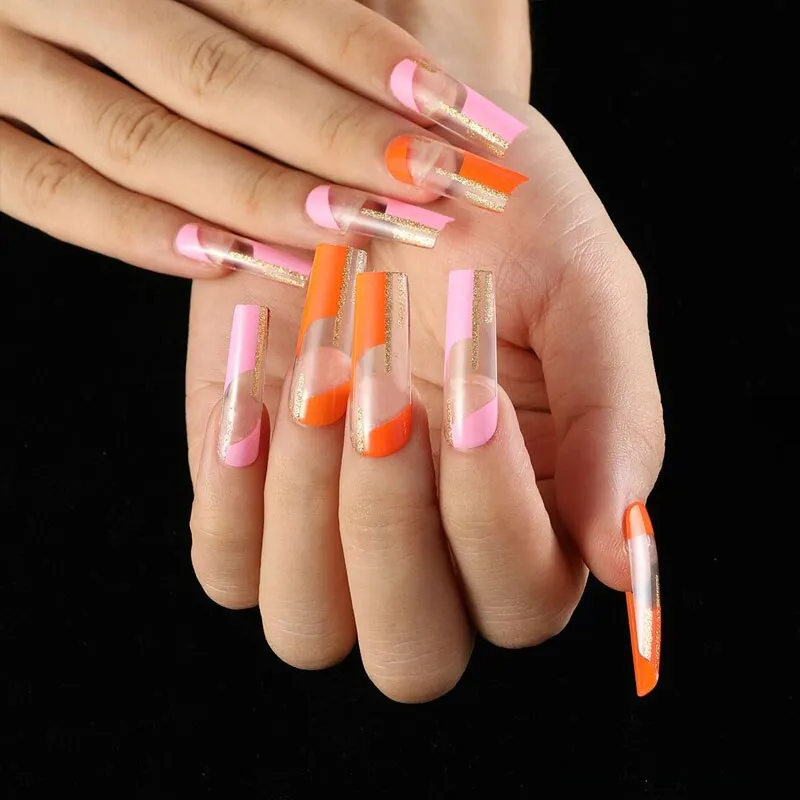 24pcs/Set Coffin Fake Nails European Star Pink Gradient Ballerina Nail Art Full Tips with Sticker Detachable False Nails-Nail Inspo