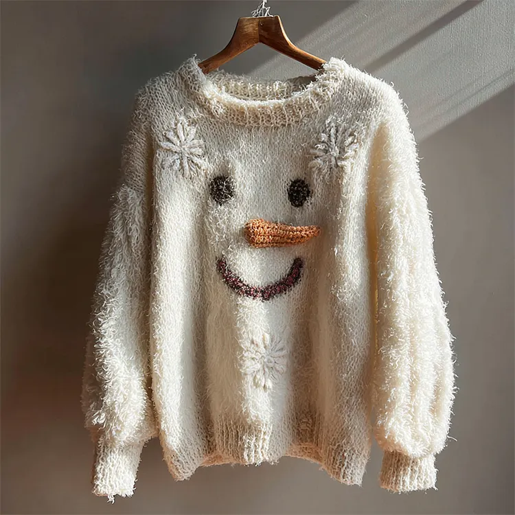 Lovely Snowman Face & Snowflakes Cozy Knit Sweater