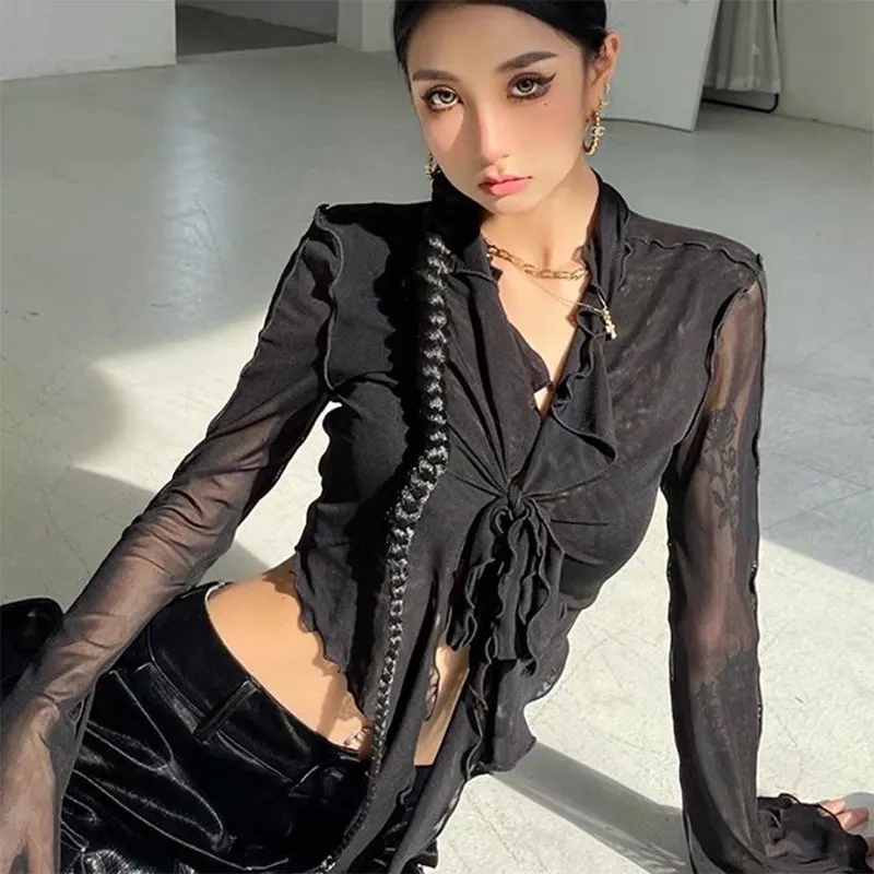 Churchf Churchf Girl Long Sleeve T-Shirt Female New Outside Wear V-Neck Perspective Strap Exposed Navel Slim Slim Cardigan Horn Sleeve Jacket