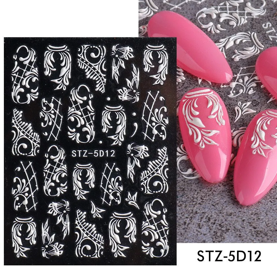 Nail Stickers Embossed 5D Elegant Carved Rose Pattern Designs Back Glue Nail Decals Tips For Beauty Salons-Nail Inspo