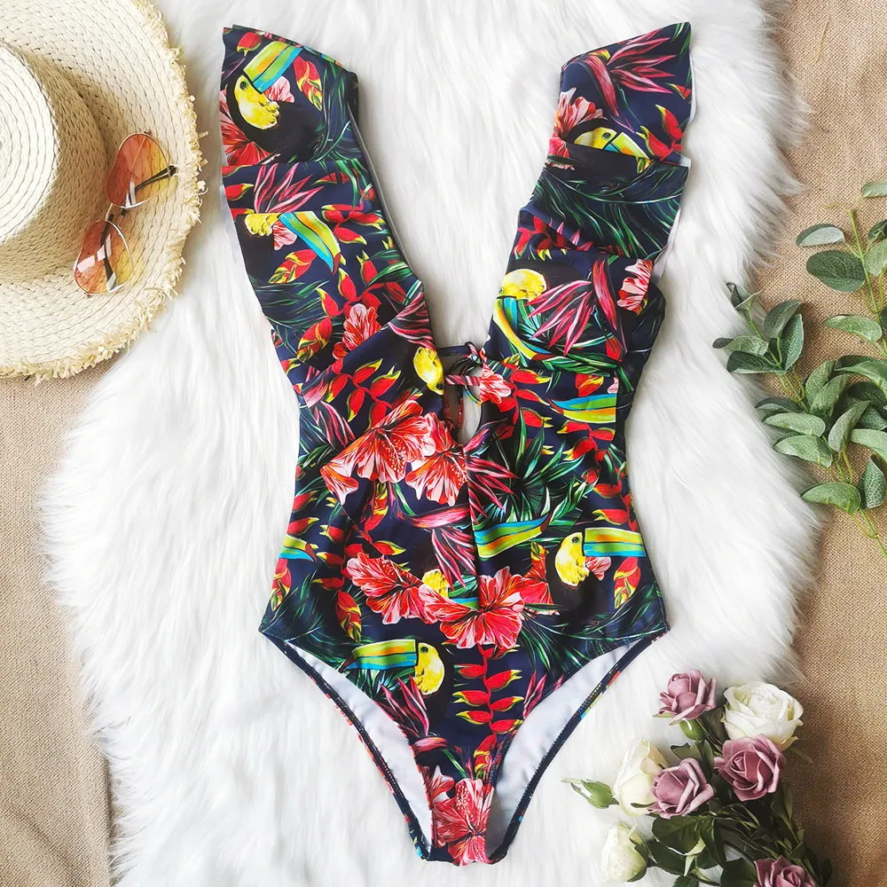 Churchf Printed Flowers Even Lotus Leaf Side Body Swimsuit Women 2025 New Swimsuit Bare Back