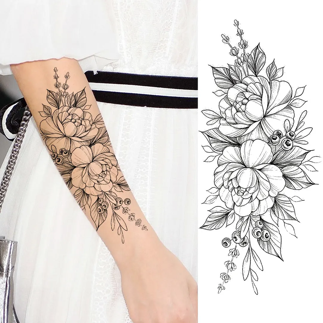 Black Rose Flower Snake Temporary Tattoos For Women Adult Peony Serpent Fake Tattoo Forearm Body Art Painting Waterproof Tatoos